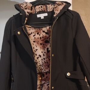 Via Spiga Black Trench Coat with High Collar and Gold Hardware